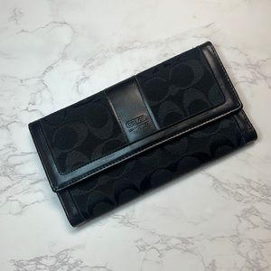 Coach Black Signature Fabric Leather Trim Trifold Checkbook Wallet